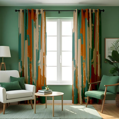 Teal and Rust Brushstroke Curtains, Abstract Art Drapes