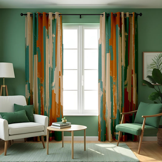 Teal and Rust Brushstroke Curtains, Abstract Art Drapes