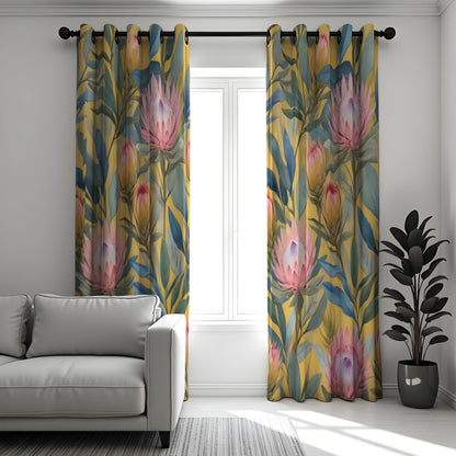 Pink Protea Tropical Curtains, Green Leaf Floral Drapes
