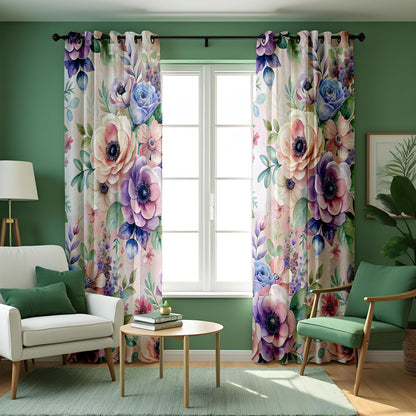 Purple & Blue Peony Curtains, Watercolor Floral Drapes