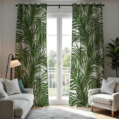 Green Palm Leaf Curtains, Tropical Botanical Custom Drapes