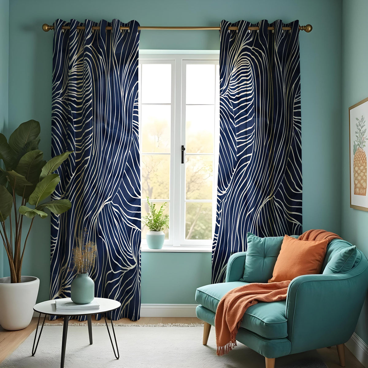 Navy Blue Wavy Line Curtains, Minimalist Abstract Drapes