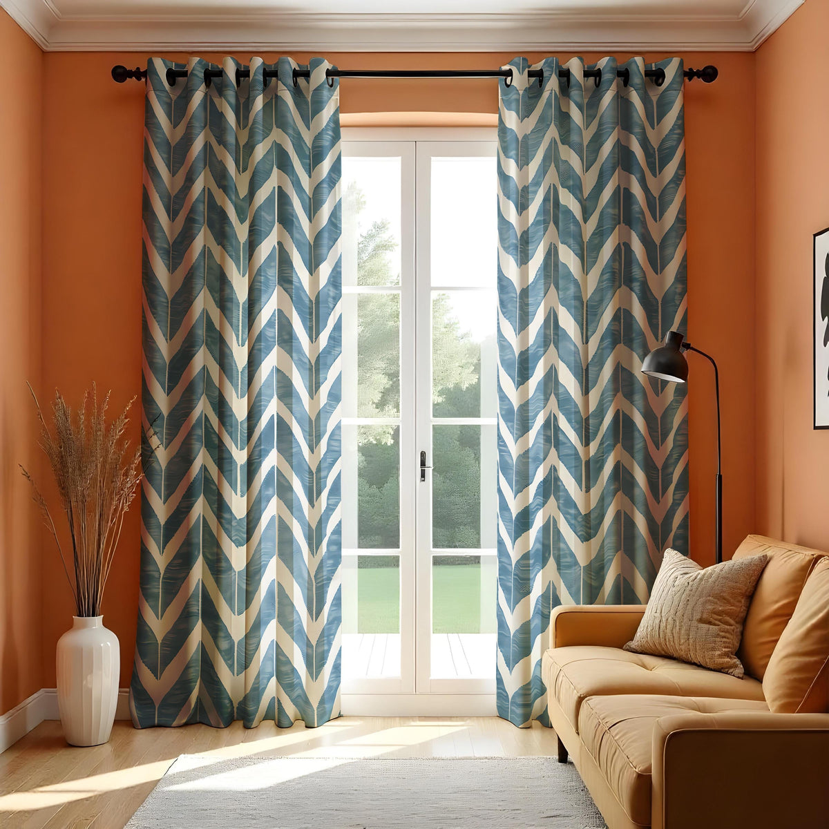 Blue Chevron Kitchen Curtains, Aqua Leaf Cafe Drapes