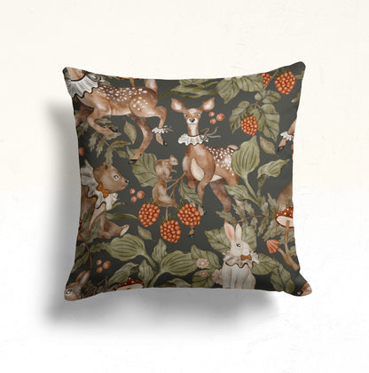 Deer & Mushroom Cushion Cover, Floral Forest Design