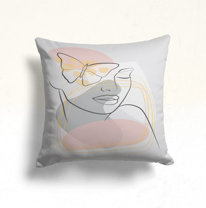 Abstract Line Art Cushion Cover, Floral Silhouette Pastel Decor