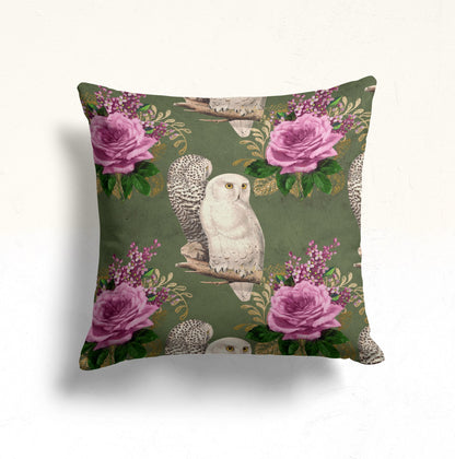 Owl and Roses Cushion Cover, Forest Pine Needle Deep Green