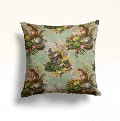 Owl and Roses Cushion Cover, Forest Pine Needle Deep Green