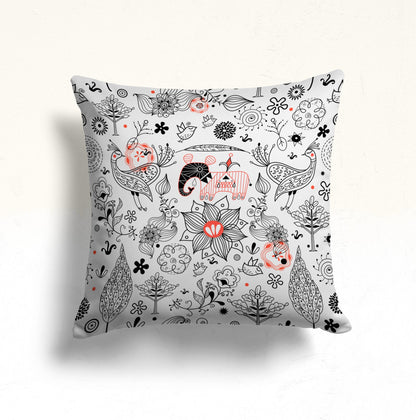Floral Doodle Monochrome Cushion Cover, Vintage Tile Pattern