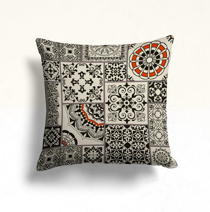 Floral Doodle Monochrome Cushion Cover, Vintage Tile Pattern