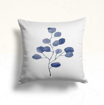 Blue Botanical Eucalyptus Cushion Cover, Blue Leaf Design