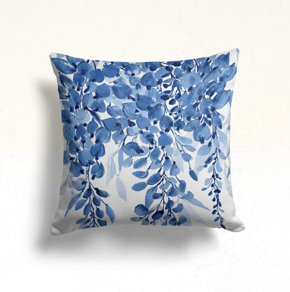 Blue Botanical Eucalyptus Cushion Cover, Blue Leaf Design