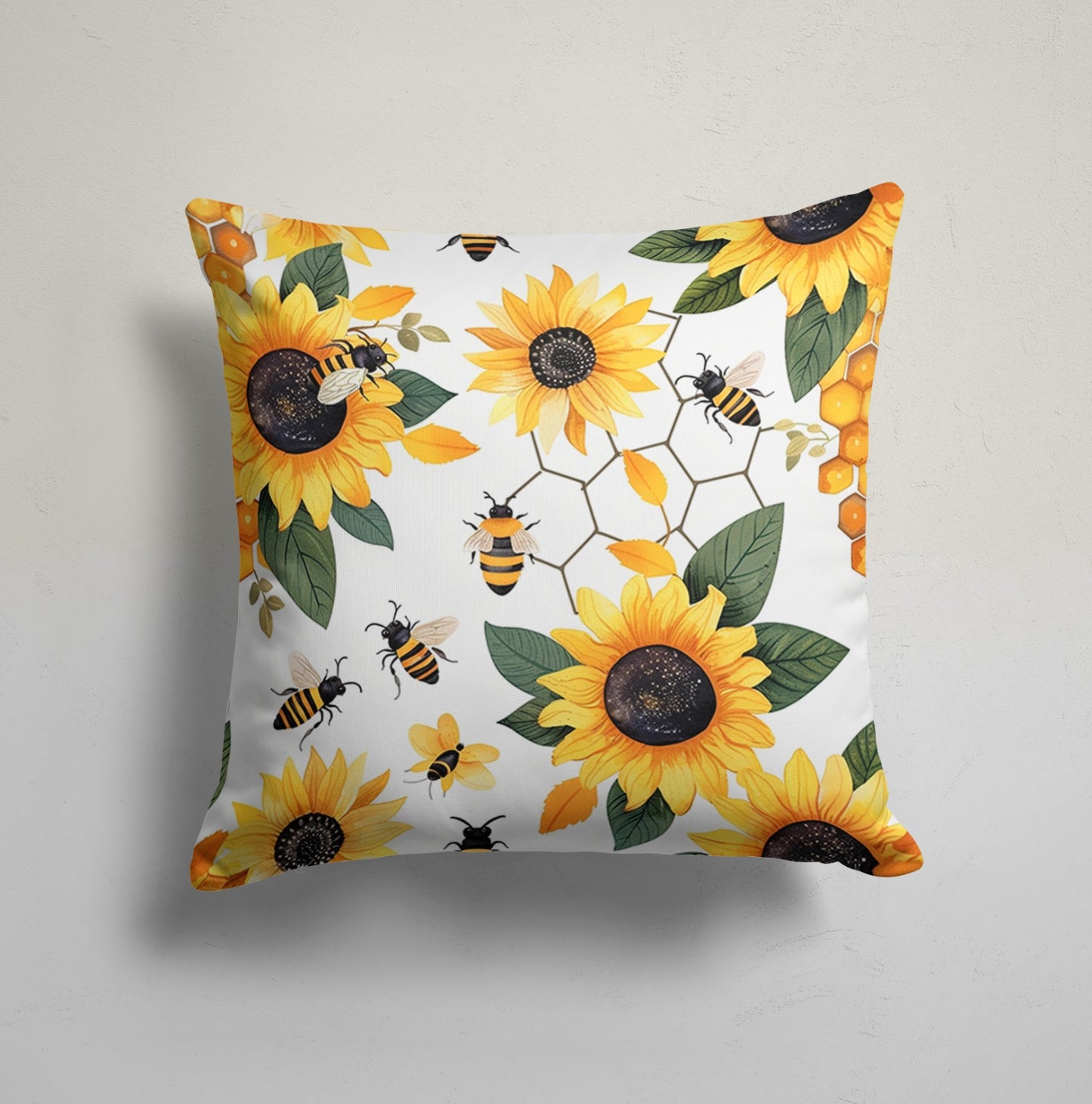 Honeycomb Sunflower Pattern Cushion Cover with Bees, Stripe