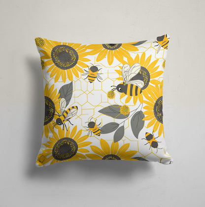 Honeycomb Sunflower Pattern Cushion Cover with Bees, Stripe