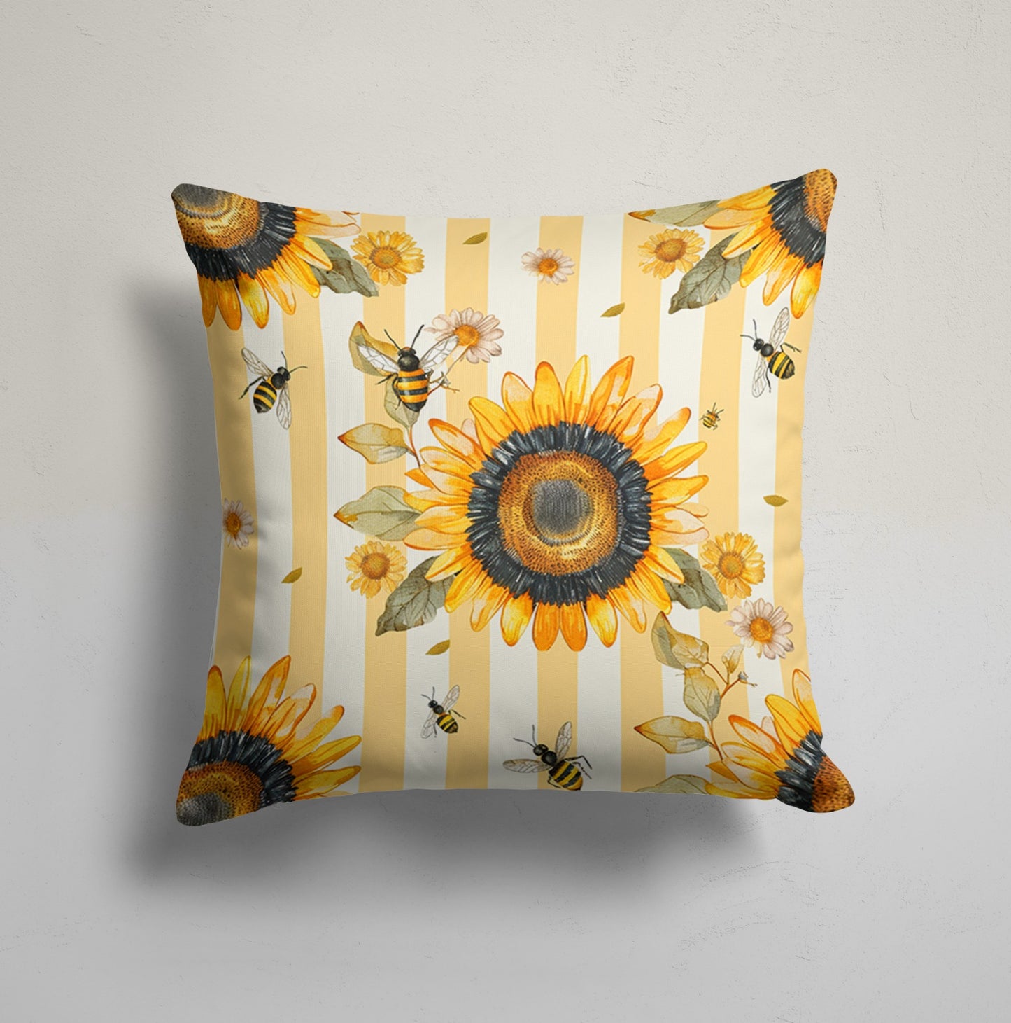 Honeycomb Sunflower Pattern Cushion Cover with Bees, Stripe