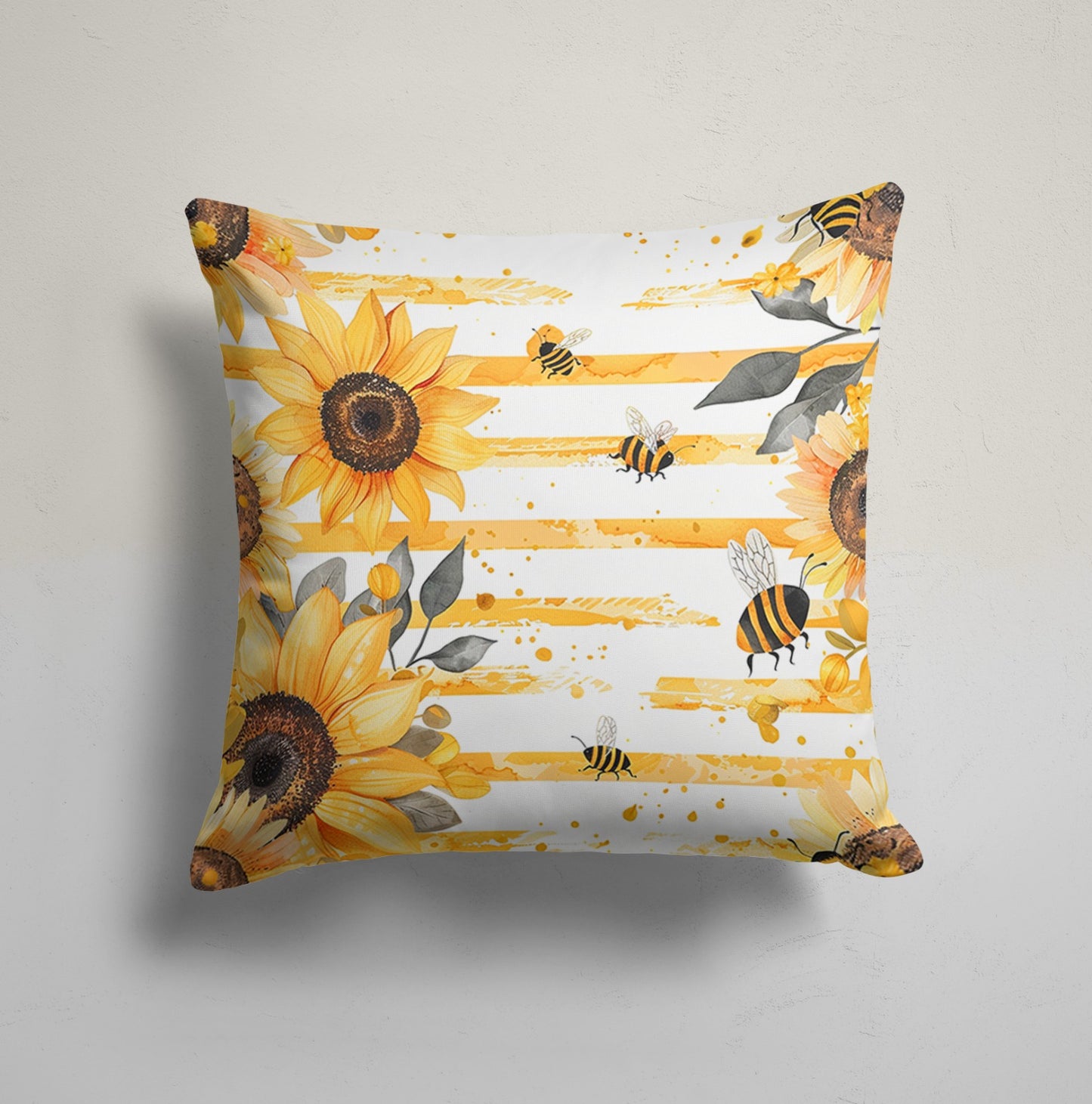 Honeycomb Sunflower Pattern Cushion Cover with Bees, Stripe