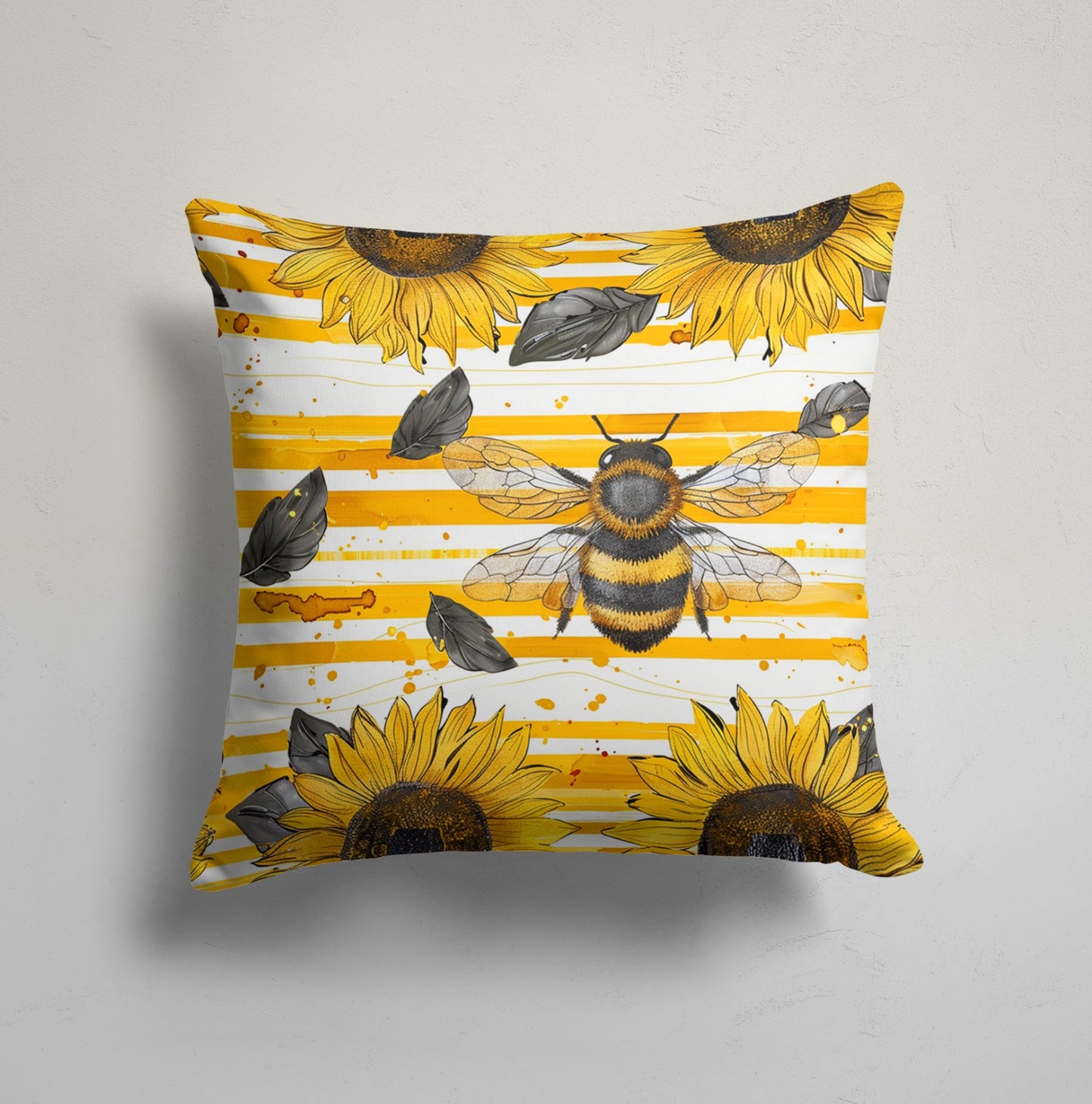 Honeycomb Sunflower Pattern Cushion Cover with Bees, Stripe