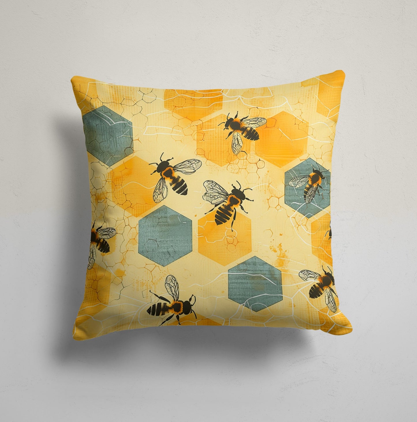 Honeycomb Sunflower Pattern Cushion Cover with Bees, Stripe