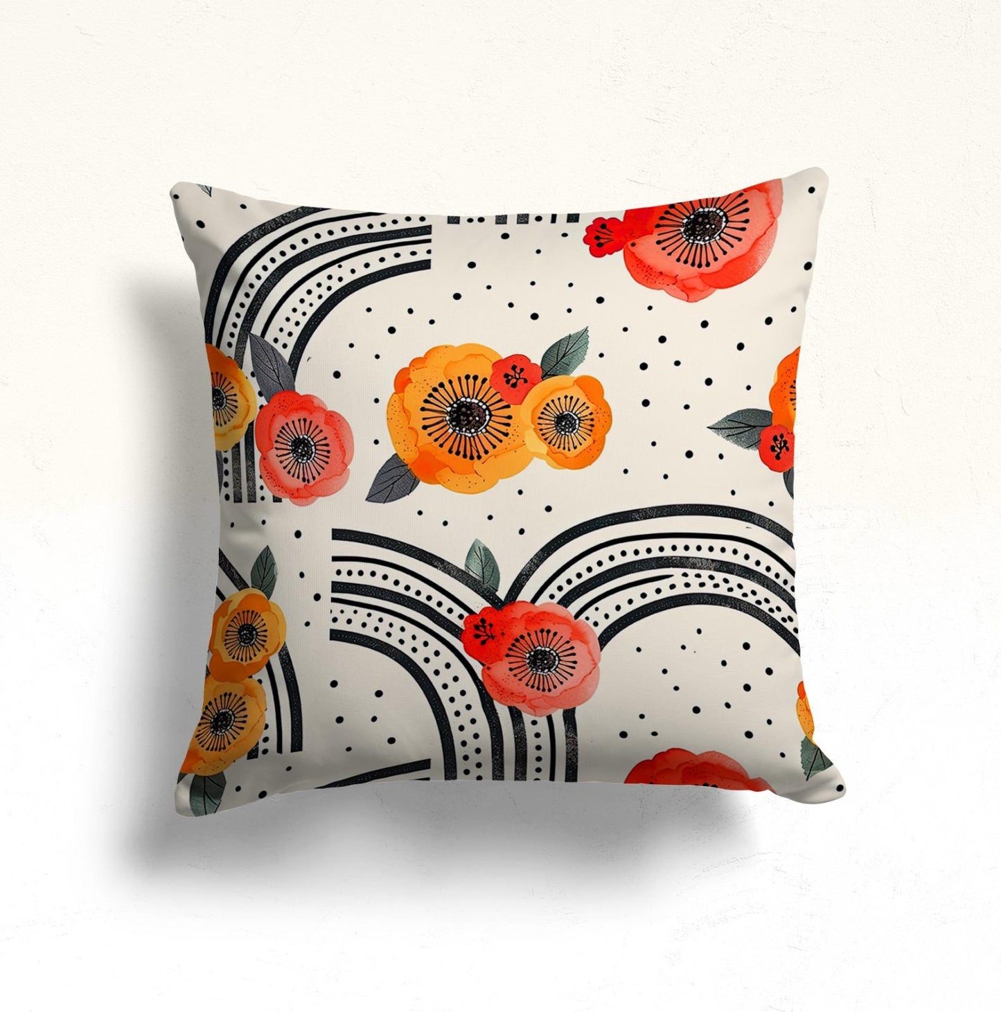 Floral Doodle Monochrome Cushion Cover, Vintage Tile Pattern