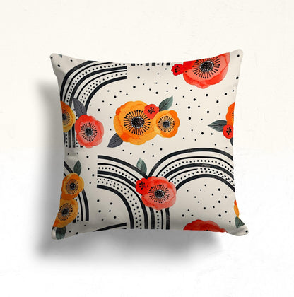 Floral Doodle Monochrome Cushion Cover, Vintage Tile Pattern
