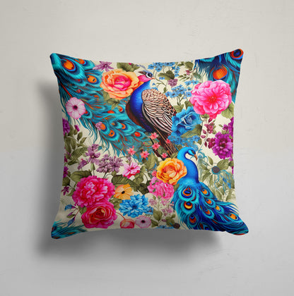 Peacock Floral Symphony Cushion Cover, Exotic Floral Charm