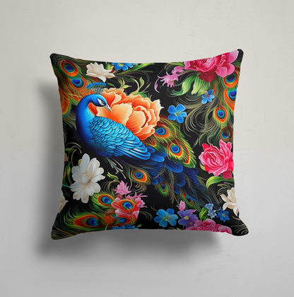 Peacock Floral Symphony Cushion Cover, Exotic Floral Charm