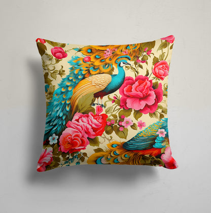 Peacock Floral Symphony Cushion Cover, Exotic Floral Charm