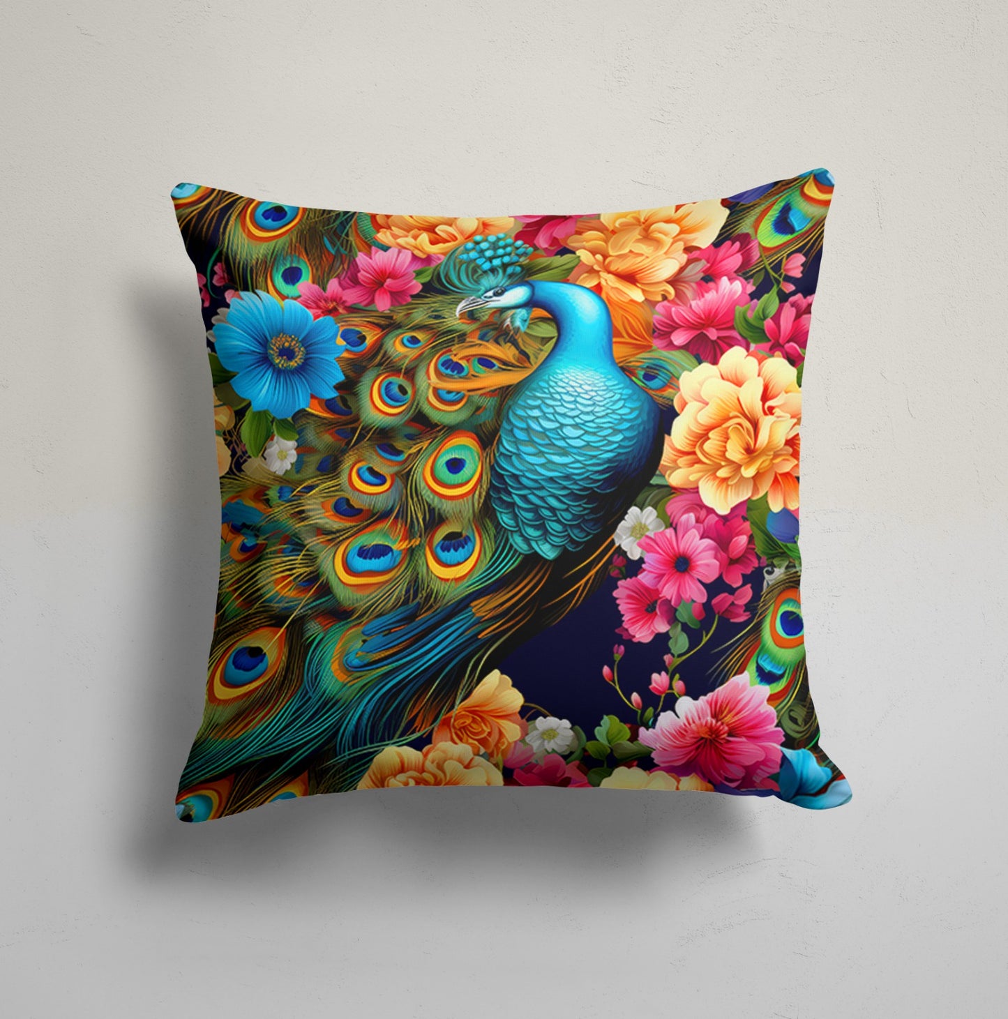 Peacock Floral Symphony Cushion Cover, Exotic Floral Charm