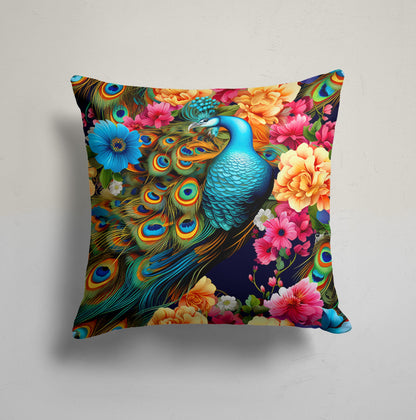 Peacock Floral Symphony Cushion Cover, Exotic Floral Charm