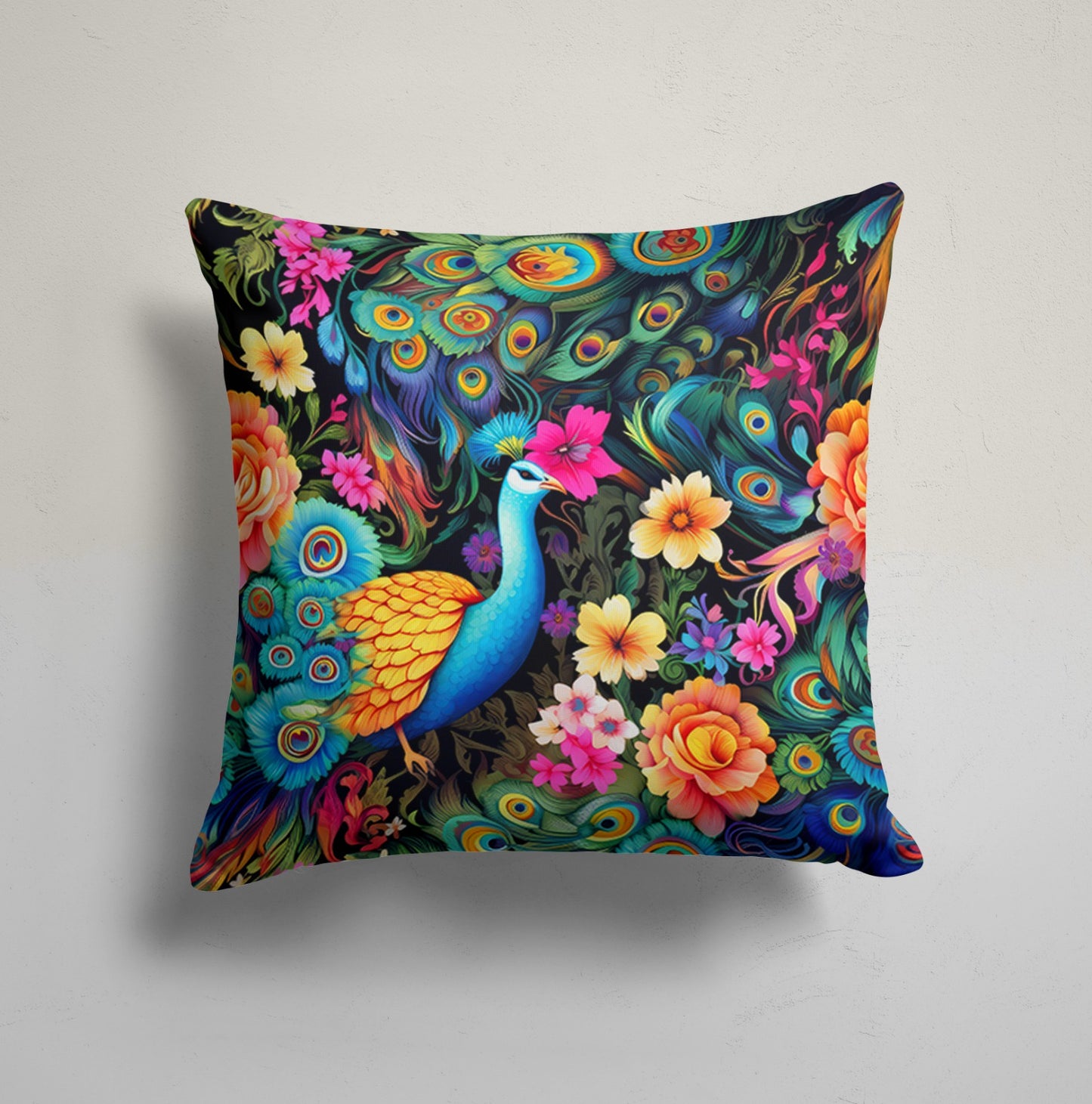 Peacock Floral Symphony Cushion Cover, Exotic Floral Charm