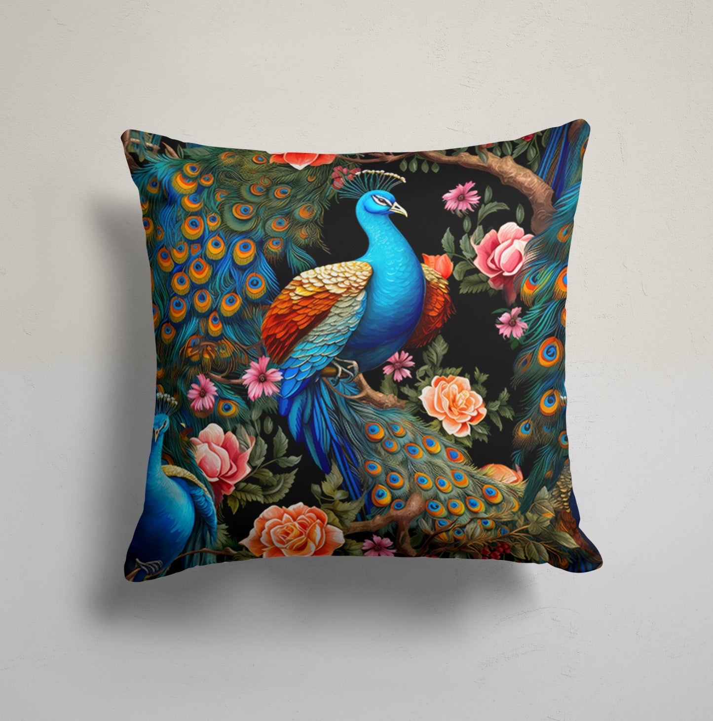 Peacock Floral Symphony Cushion Cover, Exotic Floral Charm