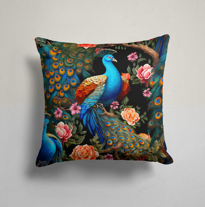 Peacock Floral Symphony Cushion Cover, Exotic Floral Charm