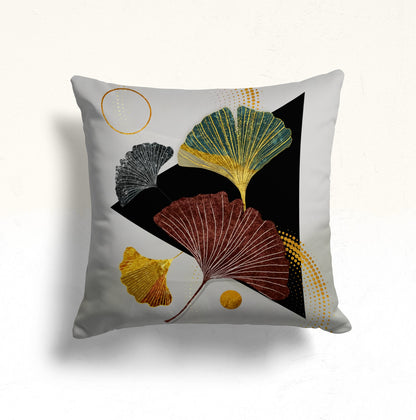 Golden Ginkgo Leaves Cushion Cover, Black Abstract Circle
