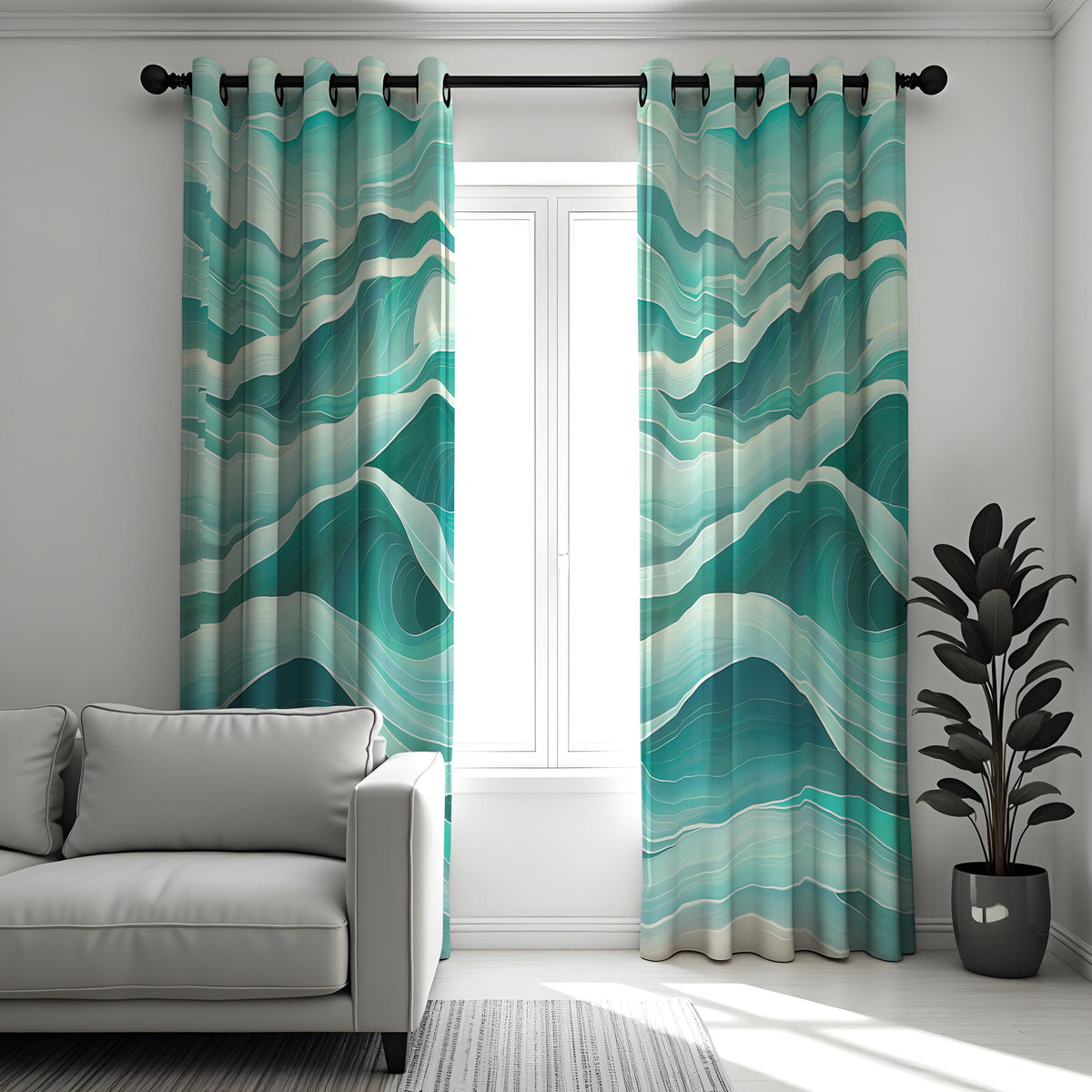 Teal Ocean Wave Curtains, Aqua Blue Coastal Abstract Drapes