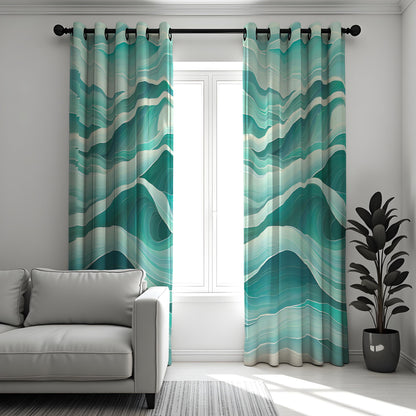 Teal Ocean Wave Curtains, Aqua Blue Coastal Abstract Drapes