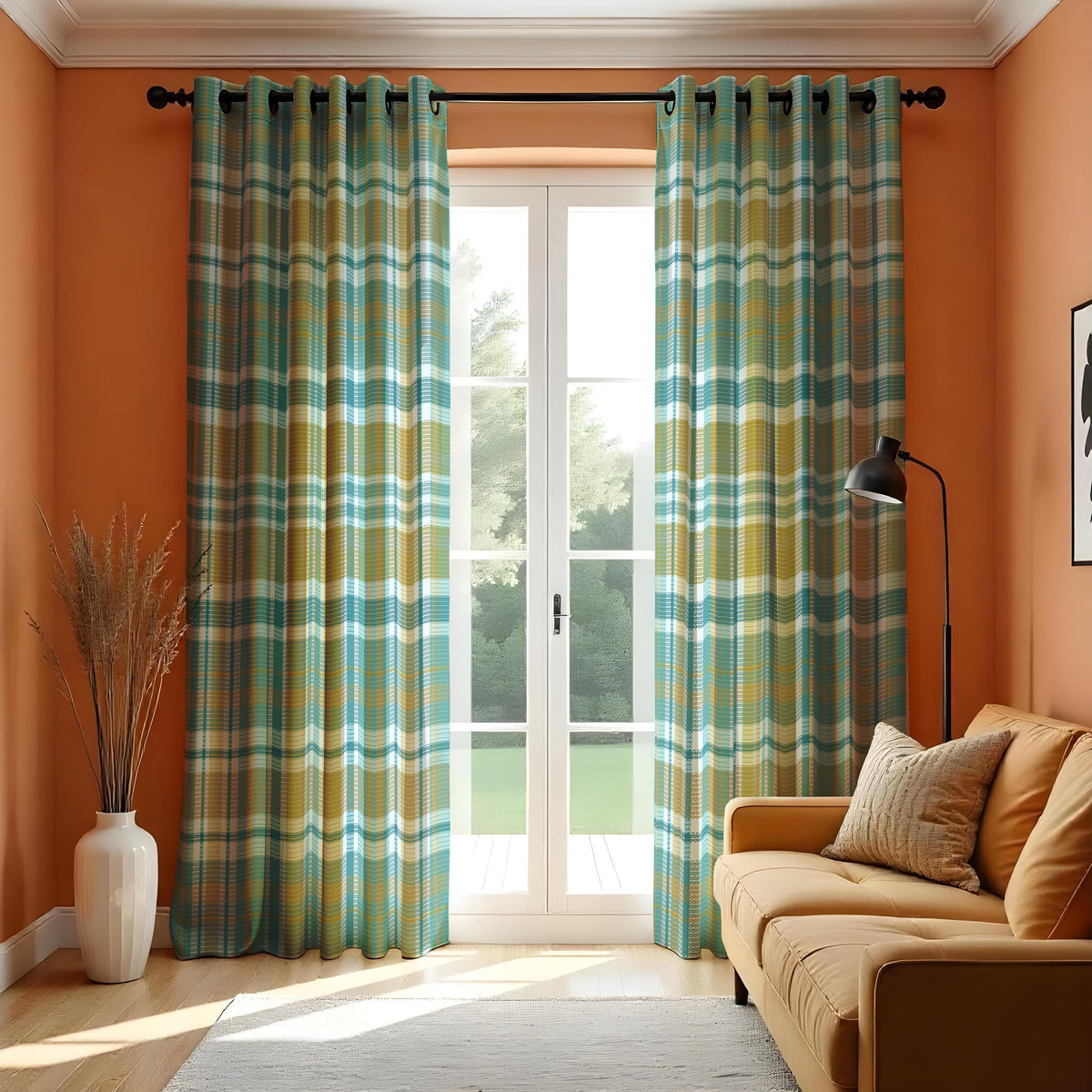 Green Plaid Check Curtains, Farmhouse Style Window Drapes