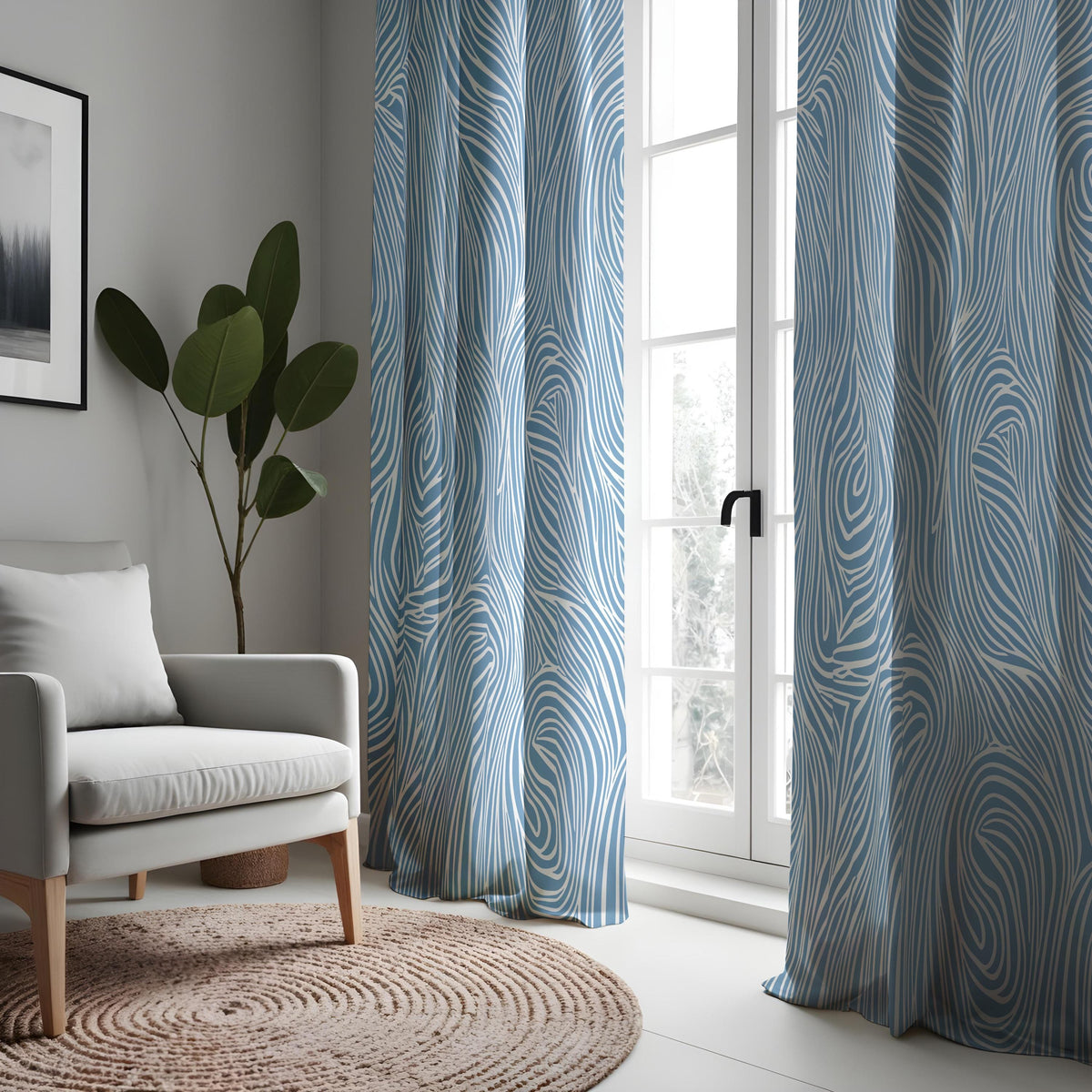 Blue Wavy Line Curtains, Modern Fluid Abstract Drapes