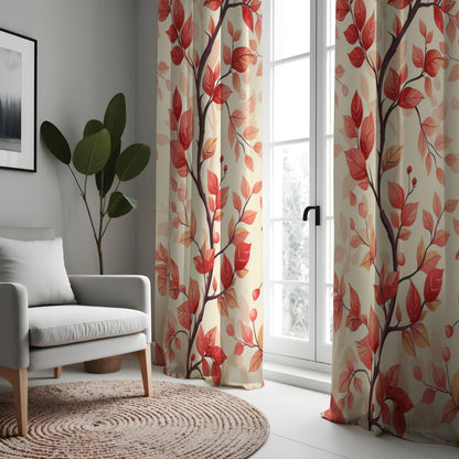 Red Autumn Leaf Curtains, Warm Fall Botanical Drapes