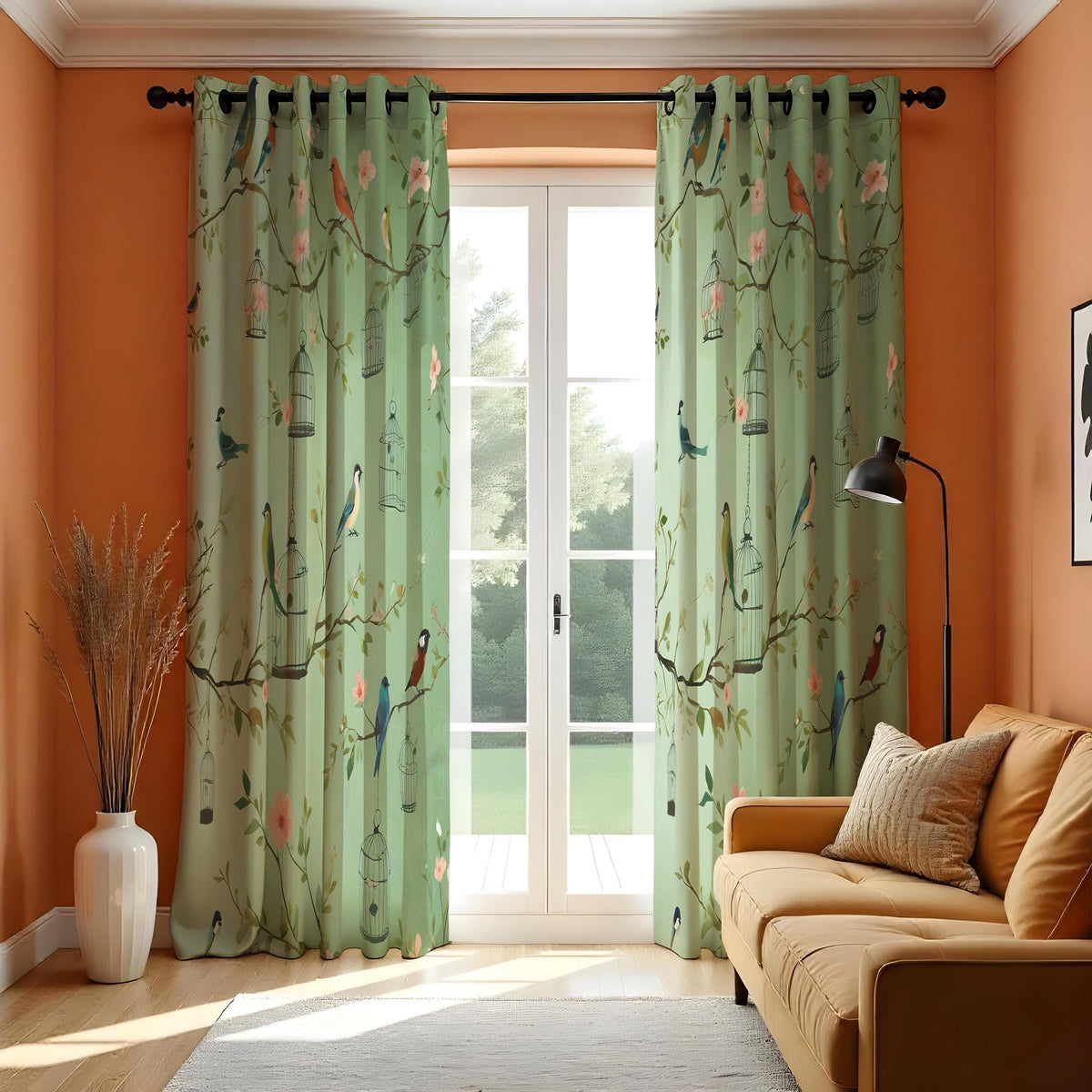 Green Bird & Branch Curtains, Nature Botanical Drapes