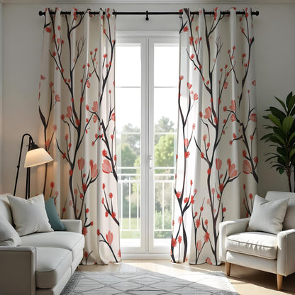 Bird and Branch Curtains, Beige & Red Botanical Tree Drapes