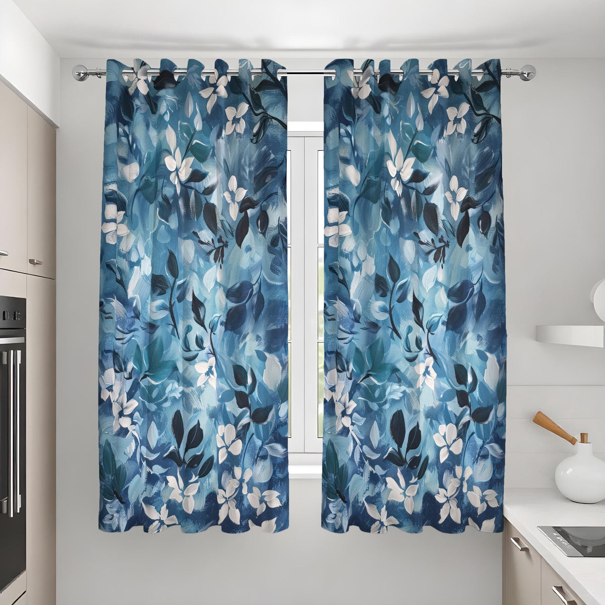 Navy Teal Botanical Leaf Curtains, Modern Custom Drapes