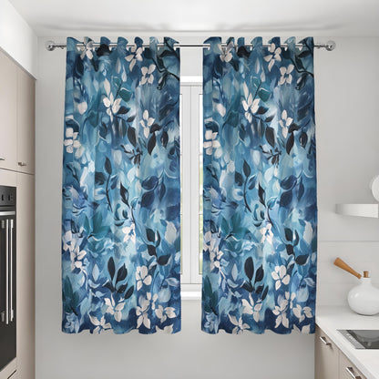 Navy Teal Botanical Leaf Curtains, Modern Custom Drapes