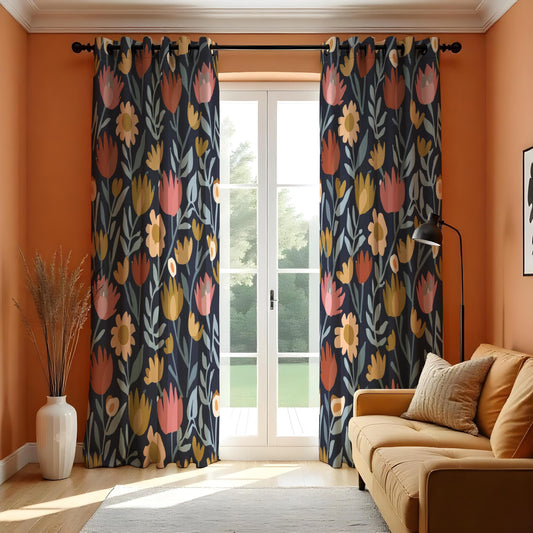 Navy Floral Curtains, Scandinavian Tulip Wildflower Drapes