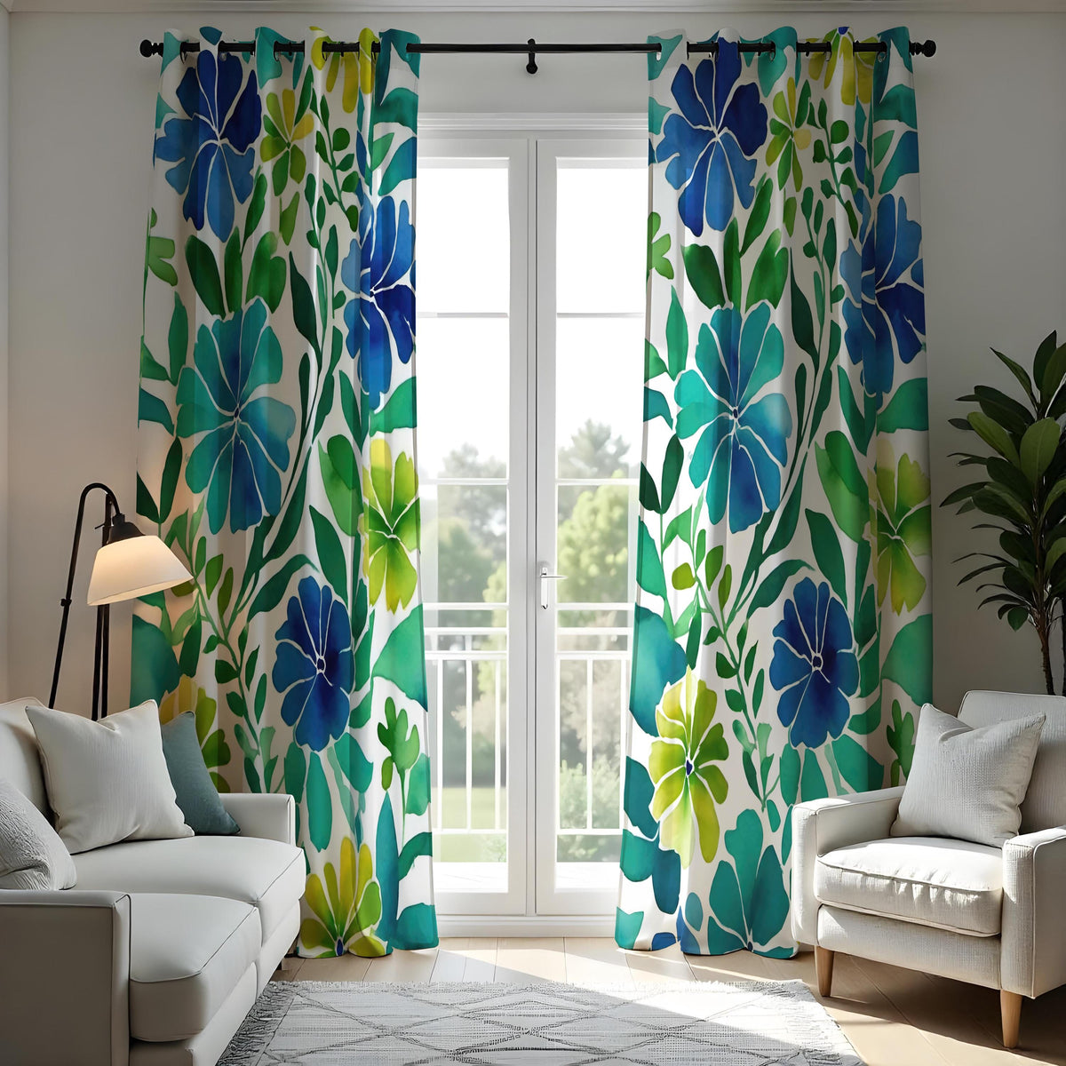 Blue & Green Tropical Floral Curtains, Summer Drapes