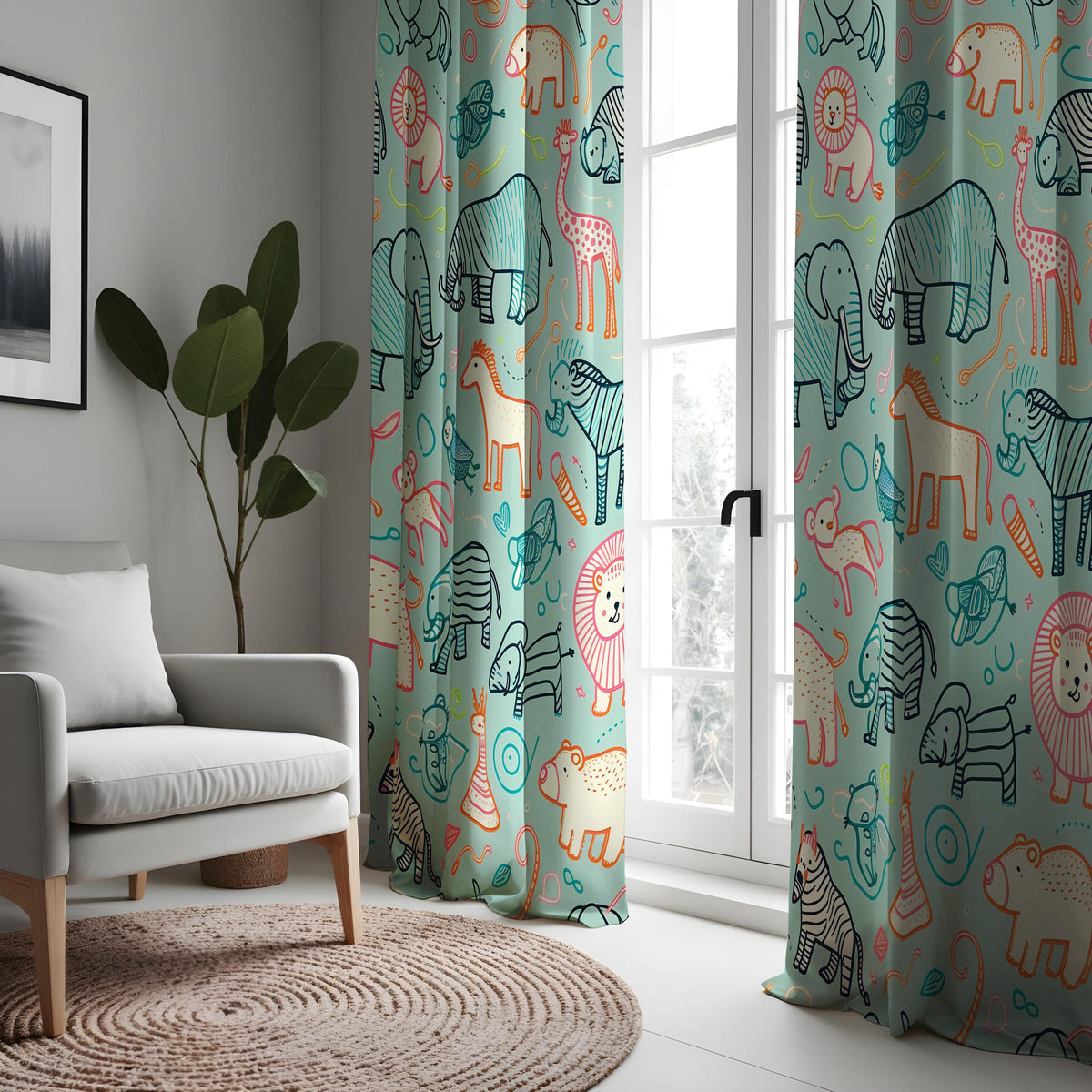Colorful Safari Animal Kids Curtains, Jungle Nursery Drapes