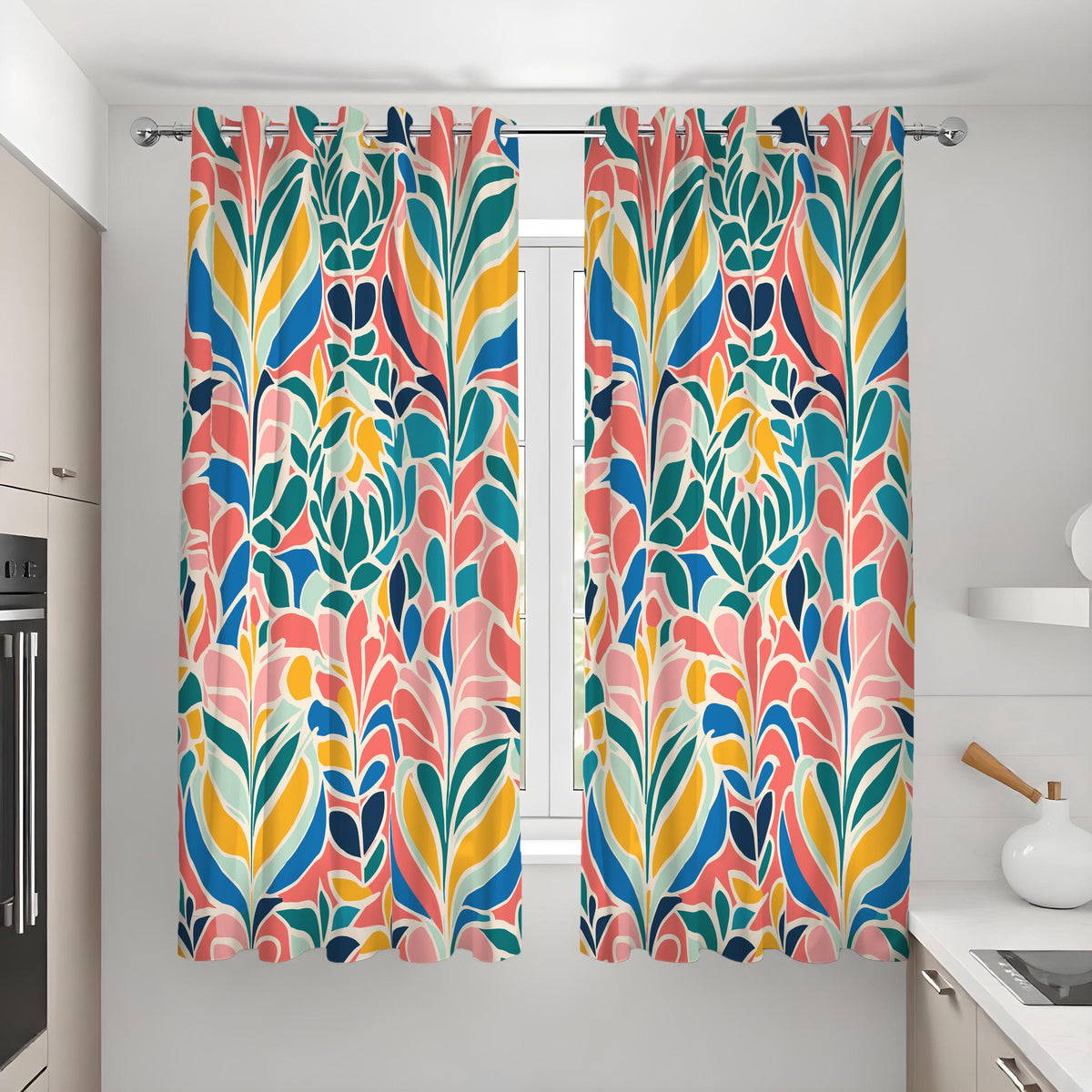 Colorful Abstract Leaf Curtains, Retro Botanical Drapes
