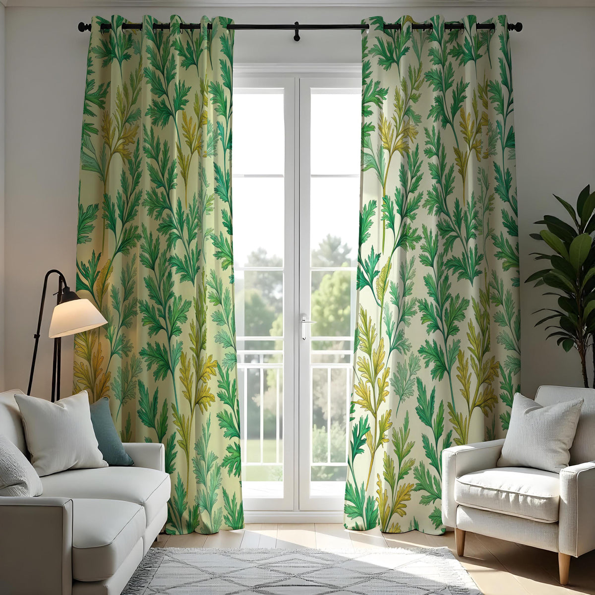 Green Botanical Leaf Curtains, Tropical Nature Drapes
