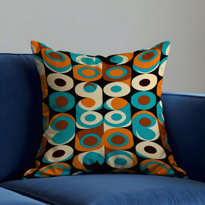 Retro Circle Pattern Cushion Cover, 70s Style Teal Throw Pillow Case