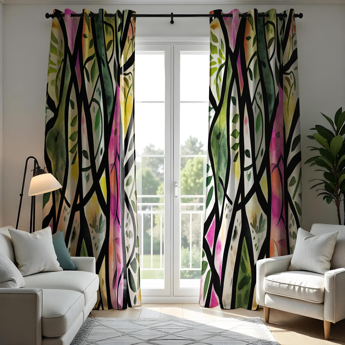 Stained Glass Forest Curtains, Colorful Tree & Leaf Drapes