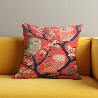 Whimsical Owl Cushion Cover, Birds on Tree Branch Throw Pillow Cover