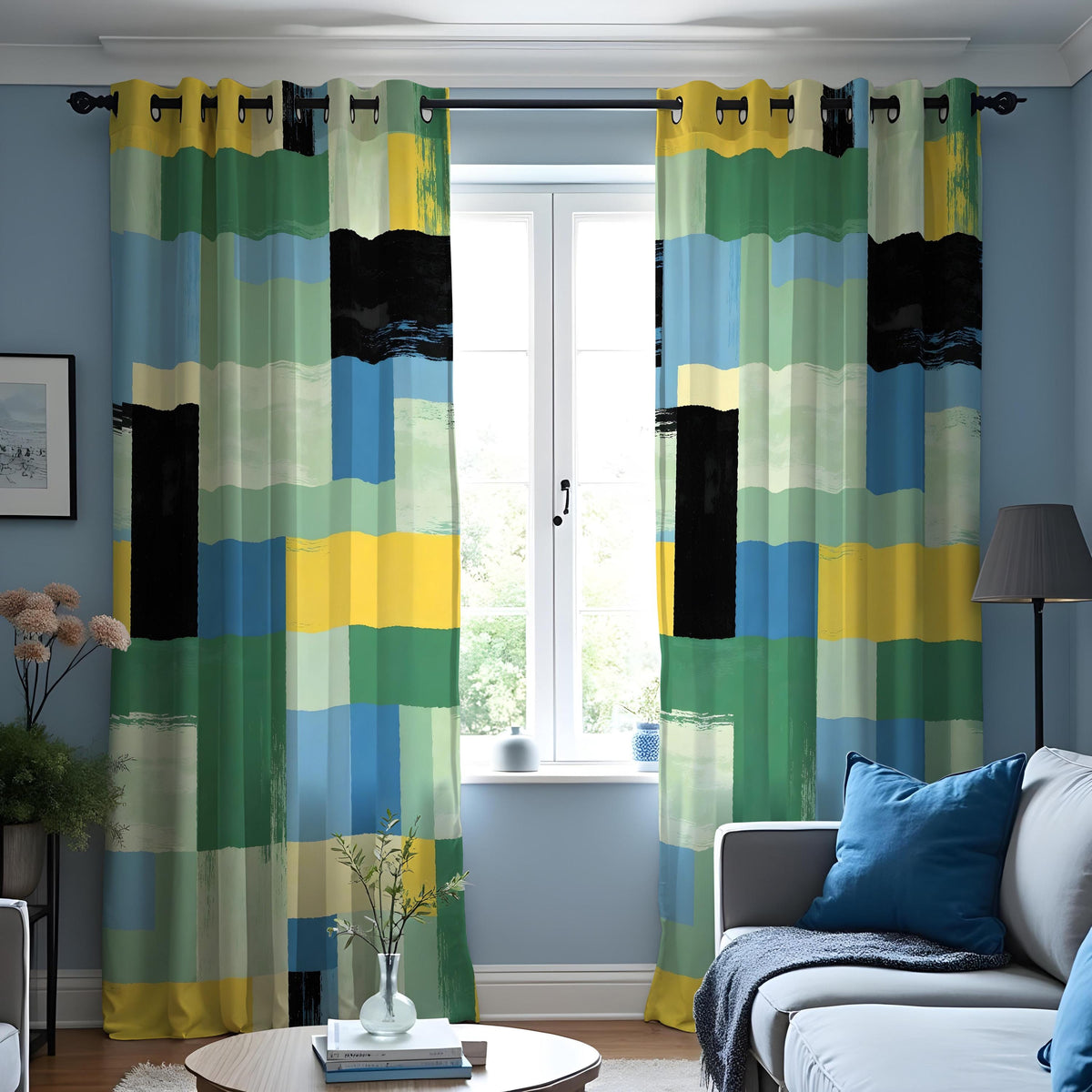 Green Blue Yellow Geometric Curtains, Abstract Window Drapes